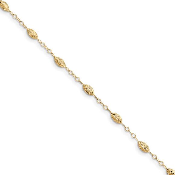 14k Yellow Gold Puff Rice Bead Station Anklet 9-10 Inch
